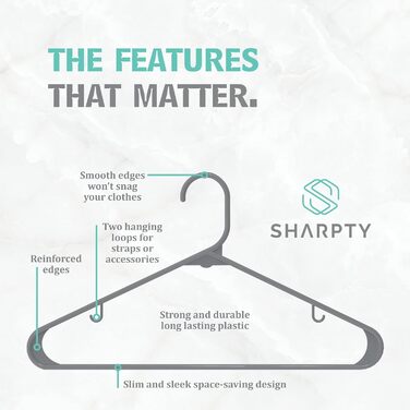 Плечики для одягу Sharpty з пластику (50 шт.) – для шафи, мантій, сорочок – міцні, економія місця, сірий, 46 см