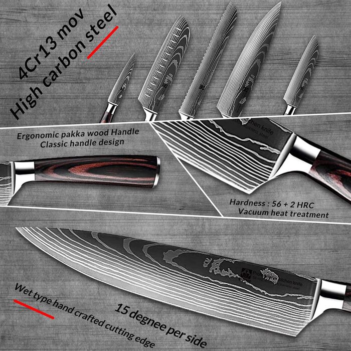 Набір професійних кухонних ножів | Шеф-ніж, Сантоку, хлібний ніж та інші | Нержавіюча сталь з лазерним візерунком, ручки з пакавуду | Подарунковий набір