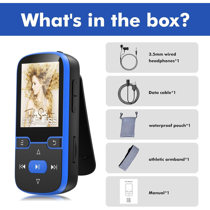 MP3 плеєр Bluetooth 5.3 з кліпсою, HiFi плеєр для спорту та дітей, 64GB, FM-радіо, диктофон, крокомір, екран 1.5