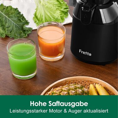 Fretta Slow Juicer with 135mm Opening, Juicer for Vegetables and Fruit Test Winner, 250W Breastfeeding Juicer with Cold Press, Easy Cleaning & Powerful Motor, BPA-Free (Black, 1.8L) 1.8L Black