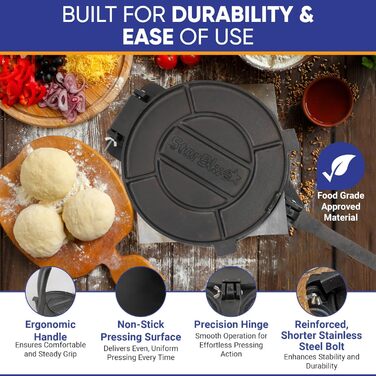 StarBlue Cast Iron Tortilla Press - 10 Inch with 100 Oil Sheets & Recipe eBook - Chapati, Roti, Tortilla Maker
