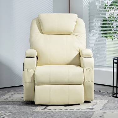 HOMCOM Power Lift TV Chair with Electric Recliner and Lie-Flat Function, TV Chair with Cup Holder, Side Pocket, and Remote Control, Faux Leather, Cream