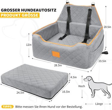 GL GLENSLAVE Dog Car Seat for Large/Medium Dogs - Elevated Pet Seat for Dogs Up to 25kg or 2 Small Dogs, Removable & Washable with Thick Cushions & Storage Pockets (Gray)