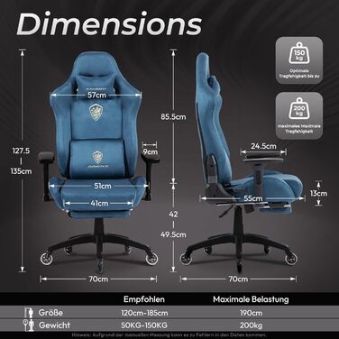 Ігровий крісло Dowinx з мікрофібри, дихаюче та ергономічне, з підніжкою (блакитний)