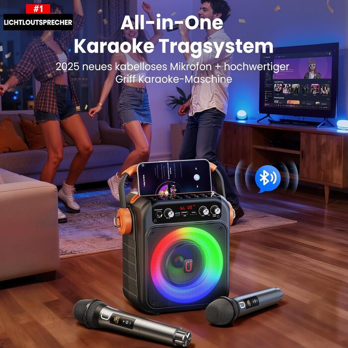 Караоке машина JYX MS82 з 2 мікрофонами, Bluetooth 5.3, USB/TF/AUX, LED-підсвітка, портативна колонка для вечірок та відпочинку