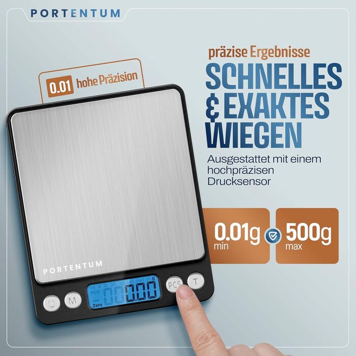 Кухонні ваги PORTENTUM 5 кг з LCD-дисплеєм, нержавіюча сталь, вимірювання рідини, точність 1 г, функція тарування, сріблясті (0,01 - 500 г)