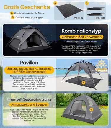 Намет кемпінговий DEWUR 3-4 особи, водонепроникний, Pop-Up, сірий. Сімейний намет для пляжу, туризму, фестивалів з UV-захистом