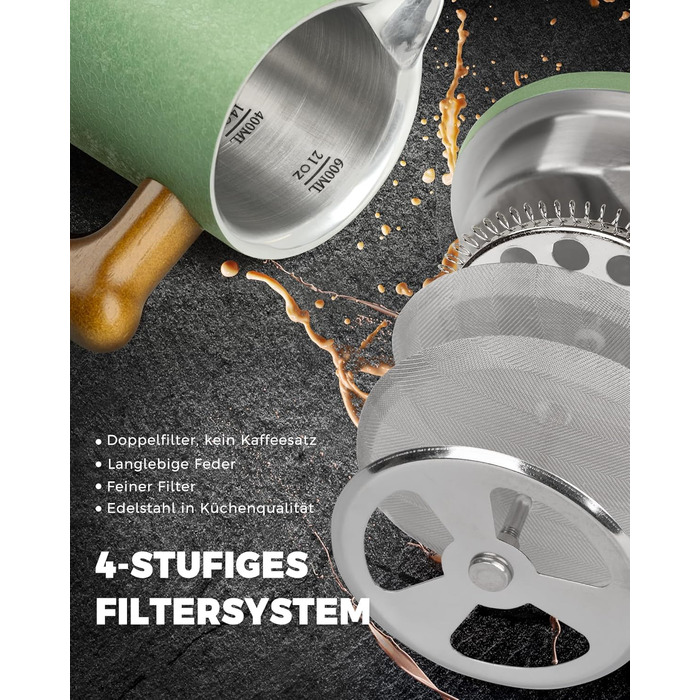 Френч-прес Poliviar 1 л / 8 чашок, з подвійними стінками, ізольований, для кави та чаю, з дерев'яною ручкою, Flatland (зелений)