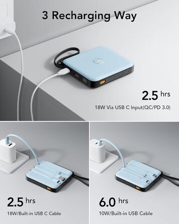 Power Bank VRURC 10000mAh з кабелем: компактний акумулятор USB-C, швидка зарядка 22.5W, LED-індикатор, сумісний з iPhone, Huawei