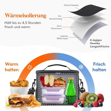 Термосумка LifeWit 9L для обідів та пікніків, чорна, вміщує 12 банок