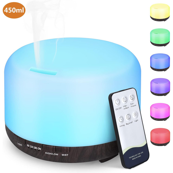 Аромадифузор Hianjoo 450мл з таймером, ультразвуковий, 7 кольорів LED, з пультом, для спа/офісу/йоги - темне дерево