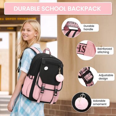 Рюкзак для дівчинки-підлітка, 3-5 клас, модний шкільний рюкзак з брелоком та ручкою-телескопом, рожевий