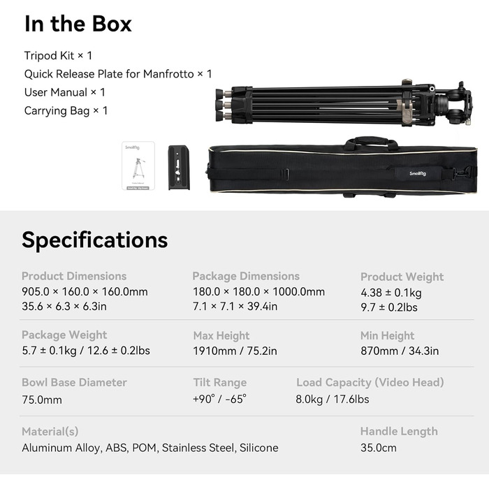 Професійний відеоштатив SmallRig AD-80 FreeBlazer (4163) з гідравлічною головою, алюмінієвий, навантаження до 8 кг