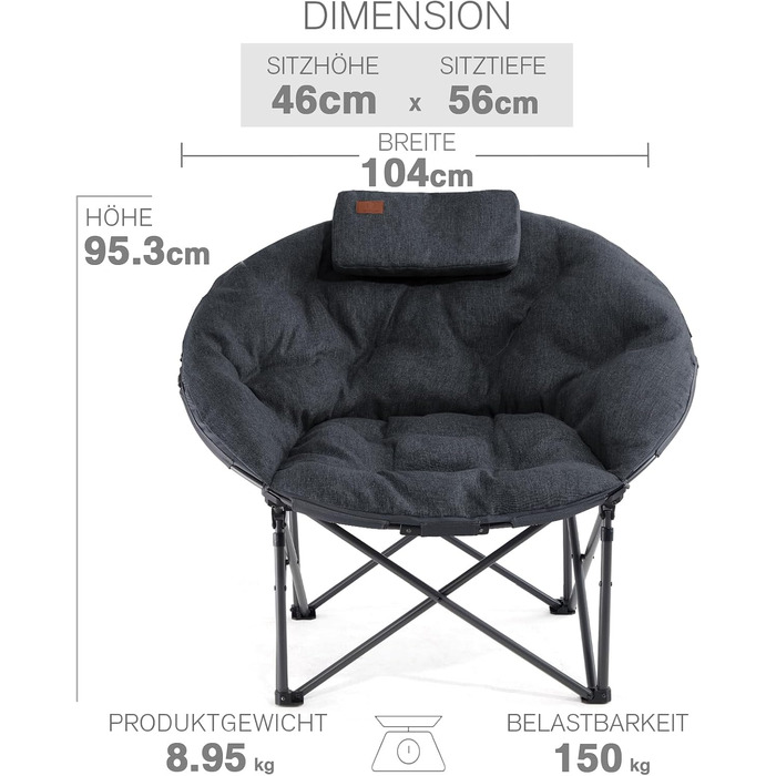 Крісло-місяць EVER ADVANCED Luxus XXL для кемпінгу, складне, до 150 кг, чорне. З подушкою, для саду, балкону, приміщення.