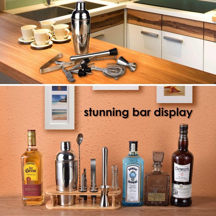 Набір шейкер для коктейлів Esmula 750 мл, 12 предметів, нержавіюча сталь, професійний барменський набір, комплект для приготування мартіні, стильний барний інструмент для дому, з книгою рецептів коктейлів (сріблястий)