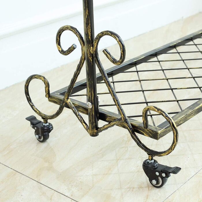 Clothes Rack Clothes Rail Coat Rack with Shoe Storage, Width 136cm, Vintage Style Metal Height Adjustable from 126 to 200 cm (Bronze Black with Wheels)