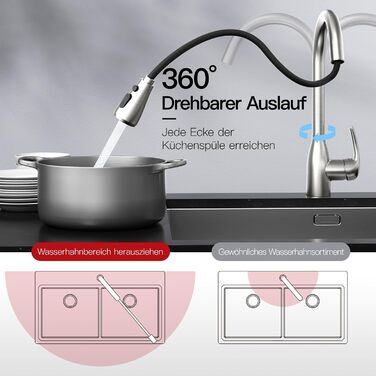Кухонний змішувач Rainsworth з висувною лійкою та душем, високопродуктивний, з двома типами струменя, поворотний на 360°, з нержавіючої сталі, проста установка, висота 56 см