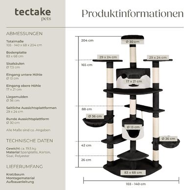 Дерево для котів tectake® XXL з іграшками, велике, з лежаком, 2 котячі будиночки, кігтеточка з сизалевого мотузка, сірий/білий (чорний/білий)