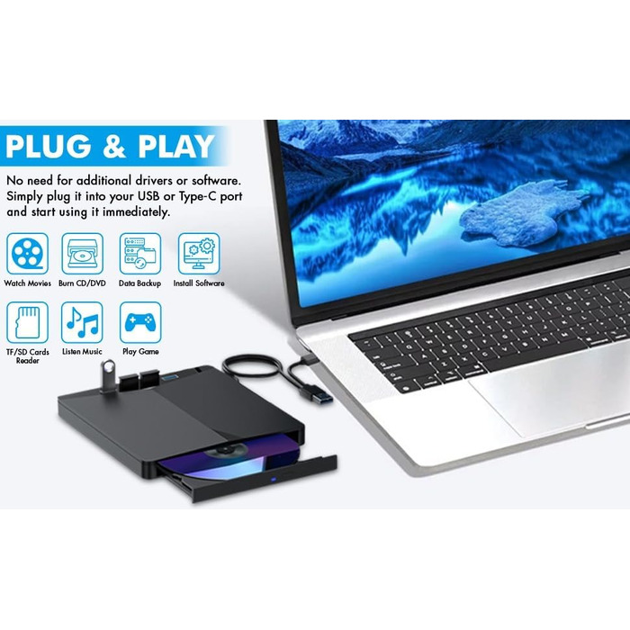 Зовнішній USB 3.0 CD/DVD-привід для ноутбука та ПК, портативний DVD-плеєр з 4 USB-портами та 2 слотами для TF/SD карт