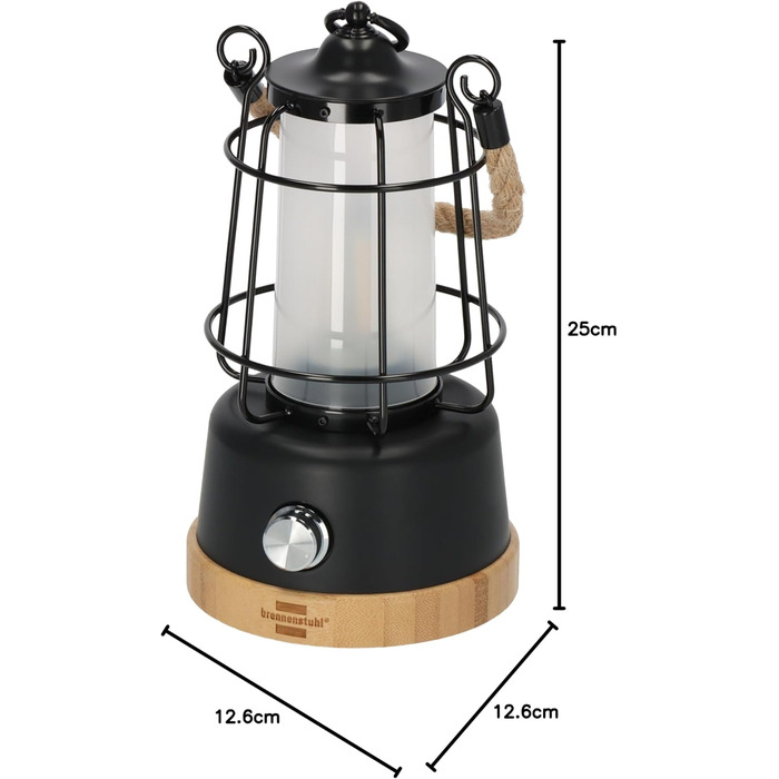 Brennenstuhl LED Rechargeable Camping Lantern CAL 1 (350 lm, IP44, up to 75h runtime, infinitely dimmable, adjustable color temperature, rechargeable USB outdoor lamp with hemp rope and bamboo base)