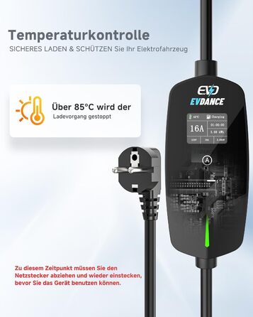 Кабель для зарядки електромобіля Type 2 Schuko 3.68kW (1-фазний, 6.1м, 6-16A) з таймером затримки 0-12 годин, для електромобілів та гібридів (PHEV/EV), чорний