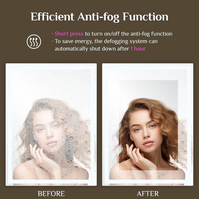 Дзеркало для ванної кімнати Clevich з підсвічуванням 70x50 см, LED дзеркало з 3 кольорами світла, регульована яскравість, захисне скло, сенсорне управління, функція пам'яті, запобігання запотіванню, 80x60 см