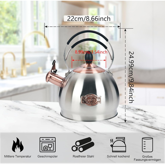 Кришка-свисток з нержавіючої сталі 2.6 л, сумісна з усіма типами плит, включаючи індукційну (срібна)