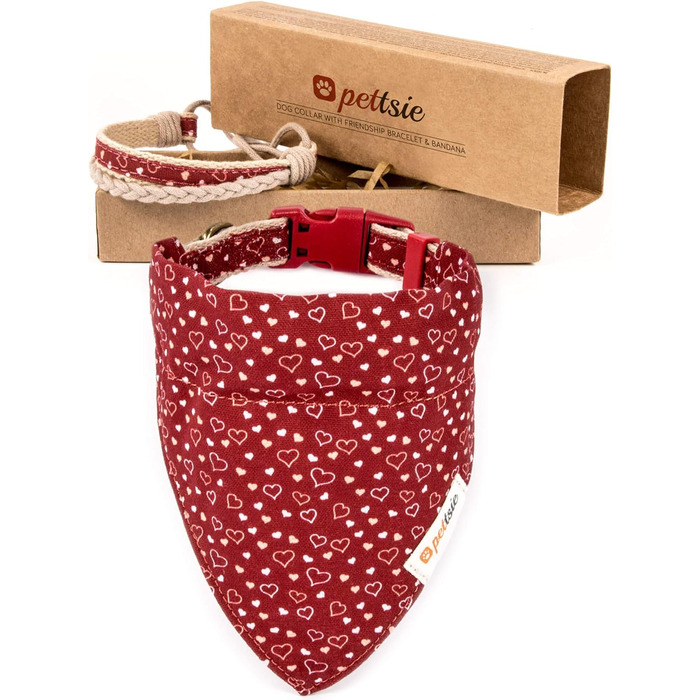 Pettsie dog bandana with collar and friendship bracelet, Adjustable sizes S, M, and L, Detachable bandana cloth, Attractive packaging included, Dog lover, L, Red