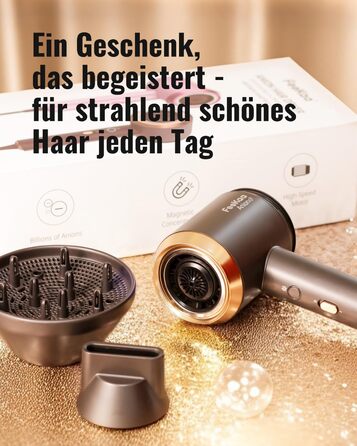 Іонський фен Feekaa з дифузором та магнітною насадкою, для подорожей та кучерявого волосся, 4 температурні режими, матовий чорний
