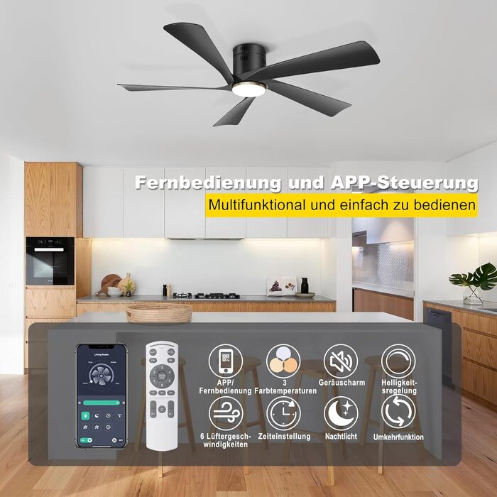 Стеляний вентилятор Ohniyou 132 см (52 дюйми) з підсвіткою, пультом та керуванням через додаток, регульована яскравість, тихий DC-двигун, для спальні, вітальні, тераси, чорний