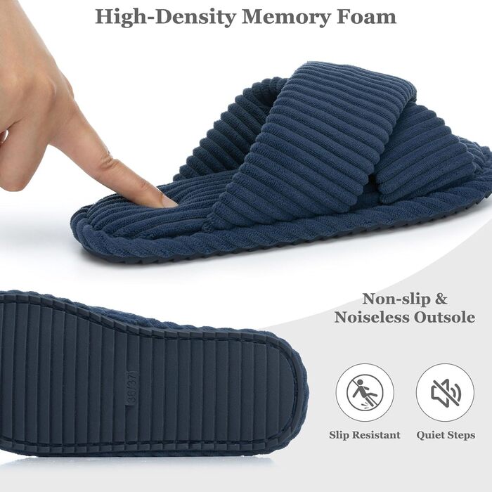 Жіночі тапочки GOEWY з Memory Foam, з тканинного матеріалу для дому, відкриті, з перехресними ремінцями та бантиком, антиковзаюча підошва. Зручні та модні шльопанці як стильний подарунок. (Темно-синій, 40/41.5 EU)