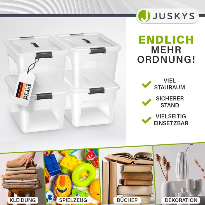 Juskys Storage Box with Lid - Set of 4 Plastic Boxes 45L - Large Box, Stackable, Transparent - Storage Organization System Storage Boxes (Set of 4 - 30 Liters)