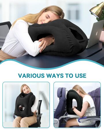 JefDiee Inflatable Neck Pillow Travel Airplane, Portable Travel Pillow, Neck Support Pillow Comfortably Supports Head and Chin, Pillow for Trains, Cars, Office, Home, with 3D Eye Mask, Earplugs (Black)