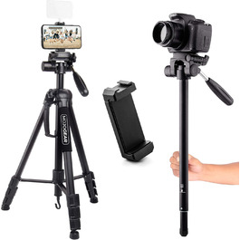 Штатив відео MOJOGEAR 140 см з тримачем для смартфона - алюмінієвий штатив для камери DSLR, екшн-камери, телефону, з кульковою головкою, швидкознімною платформою, сумкою