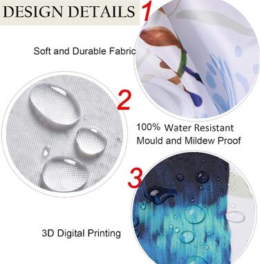 Штора для душу 180x180 см з квітами, антигрибкова, водонепроникна, швидковисихаюча, поліестер, з 12 кільцями (пташки)