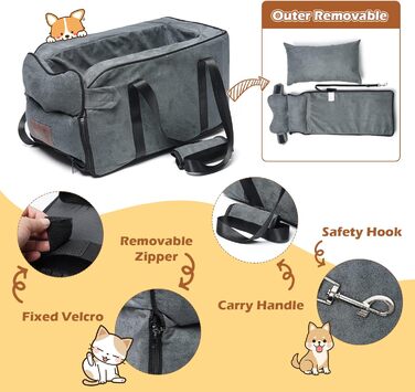 Автокрісло для собак та котів, до 6 кг, знімний та миючий чохол, для середньої консолі, замша