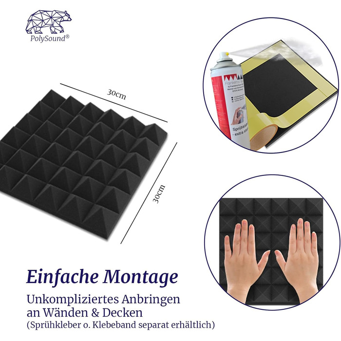 Акустичні пірамідні панелі PolySound для студії, подкастів та домашнього кінотеатру, шумопоглинаючий пінополіуретан, 48 шт, 30x30x6 см, чорний