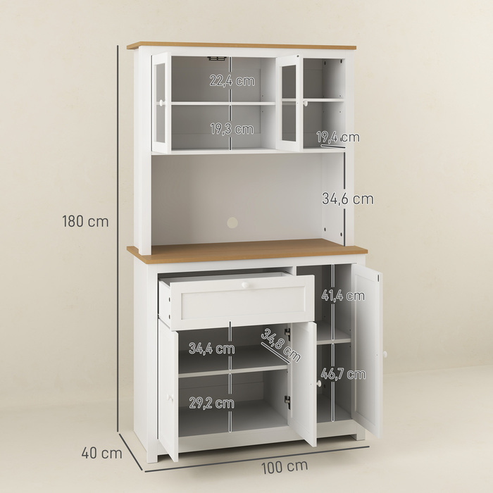 HOMCOM Farmhouse-Style Kitchen Cabinet with 1 Vitrine (Glass-Front Cabinet), 1 Open Shelf, 1 Drawer, and 2 Cabinets, Natural + White
