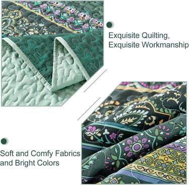 WONGS BEDDING Bedspread 220x240 Bed Throw Bohemian Quilt Steppdecke 3-Piece Double Bed Quilted Bedspread Microfiber Throw Blanket with 2 Pillowcases 50x70 for Bedroom as Sofa Throw (Bohemian) (200x220 cm, Dark Green)