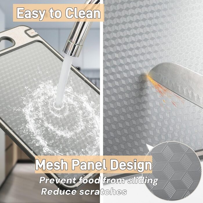 Двостороння обробна дошка для кухні з нержавіючої сталі 304 та пшеничного волокна, для м'яса, овочів, фруктів, з ручкою та антиковзким покриттям