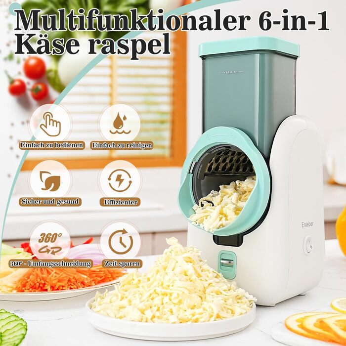 Електричний набір для нарізки овочів та фруктів 6-в-1: терка, шинковка, нарізка для овочів, фруктів, сиру та горіхів. Білий та зелений колір