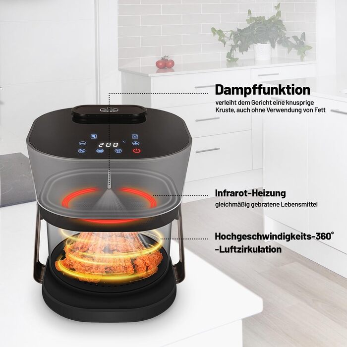 Аерофритюрниця Lauben Glass&Steam 4500BG з пароваркою, скляний кошик, 8 програм, ручне регулювання часу і температури, об'єм 4,5 л, мийка в посудомийній машині