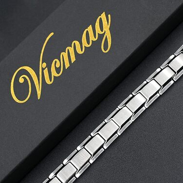 Браслет магнітний чоловічий Vicmag з титанової сталі, подвійний ряд магнітів, регулювальний інструмент, подарункова коробка (однорядний, срібний)