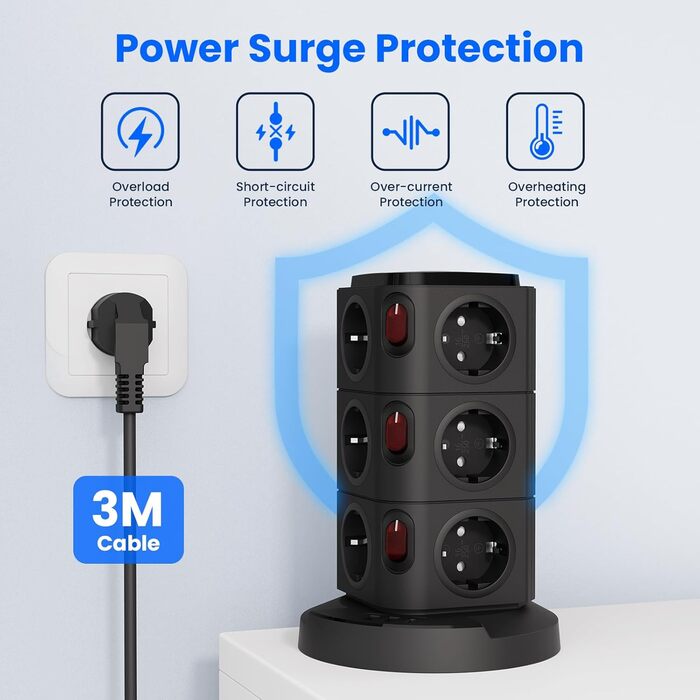 Багаторозеткова станція Acodot Tower з USB, 12 розеток, захист від перенапруги, 4 вимикачі, нічник, 3 USB-порти, кабель 3м, 2500W, для офісу, білий/чорний