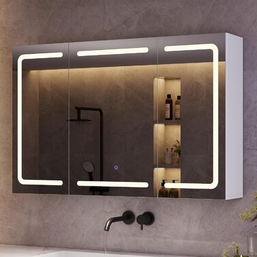 Дзеркало-шафка для ванної кімнати з LED-підсвічуванням, розеткою та 3 колірними температурами. Ванна шафка 60x90x16 см (ВxШxГ), з регулюванням яскравості + сенсорне керування. Біла дзеркальна шафка з 3 регульованими полицями та дзеркалом 60x90x16 см