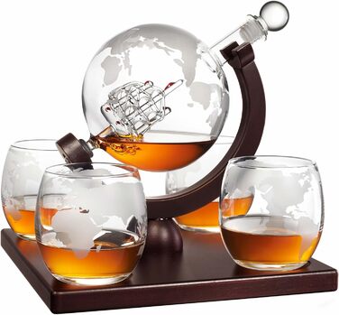 Crystal Whiskey Decanter Globe Set with 4 Glasses - Bourbon, Rum, Scotch Gift for Men, Dad, Him - Transparent Globe Decanter Set