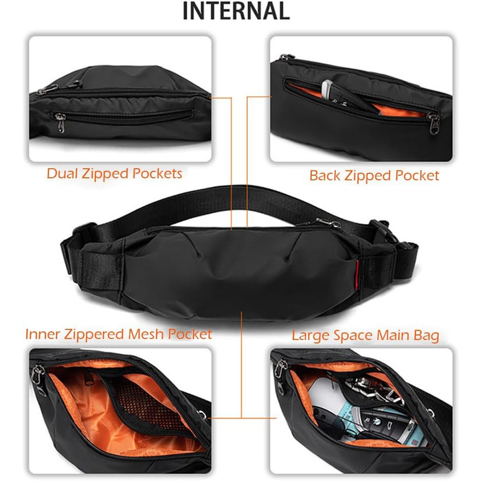 Чоловіча/жіноча поясна сумка-рюкзак на пояс, водонепроникна, чорна. Підходить для спорту, подорожей, фітнесу, велоїзди та кемпінгу.