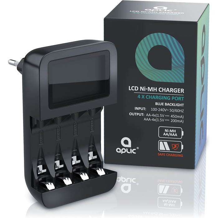 Зарядний пристрій CSL для акумуляторів AA/AAA NiMH з LCD-дисплеєм, 4 слоти, чорний