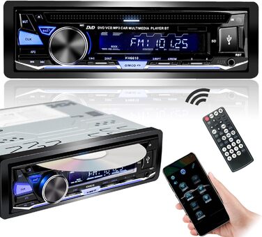Hengweili автомагнітола 1DIN з CD/DVD, Bluetooth, FM/AM, App-керуванням, USB, SD, AUX, MP3