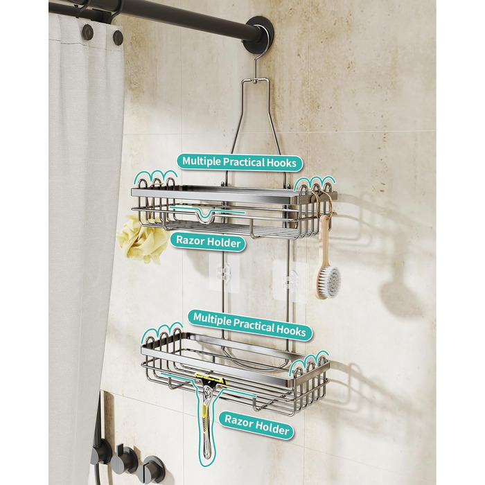 HapiRm Shower Shelf for Hanging, Hanging Shower Rack with Multiple Hooks - High-Quality Hanging Shower Basket Stainless Steel, No Drilling Required, Silver